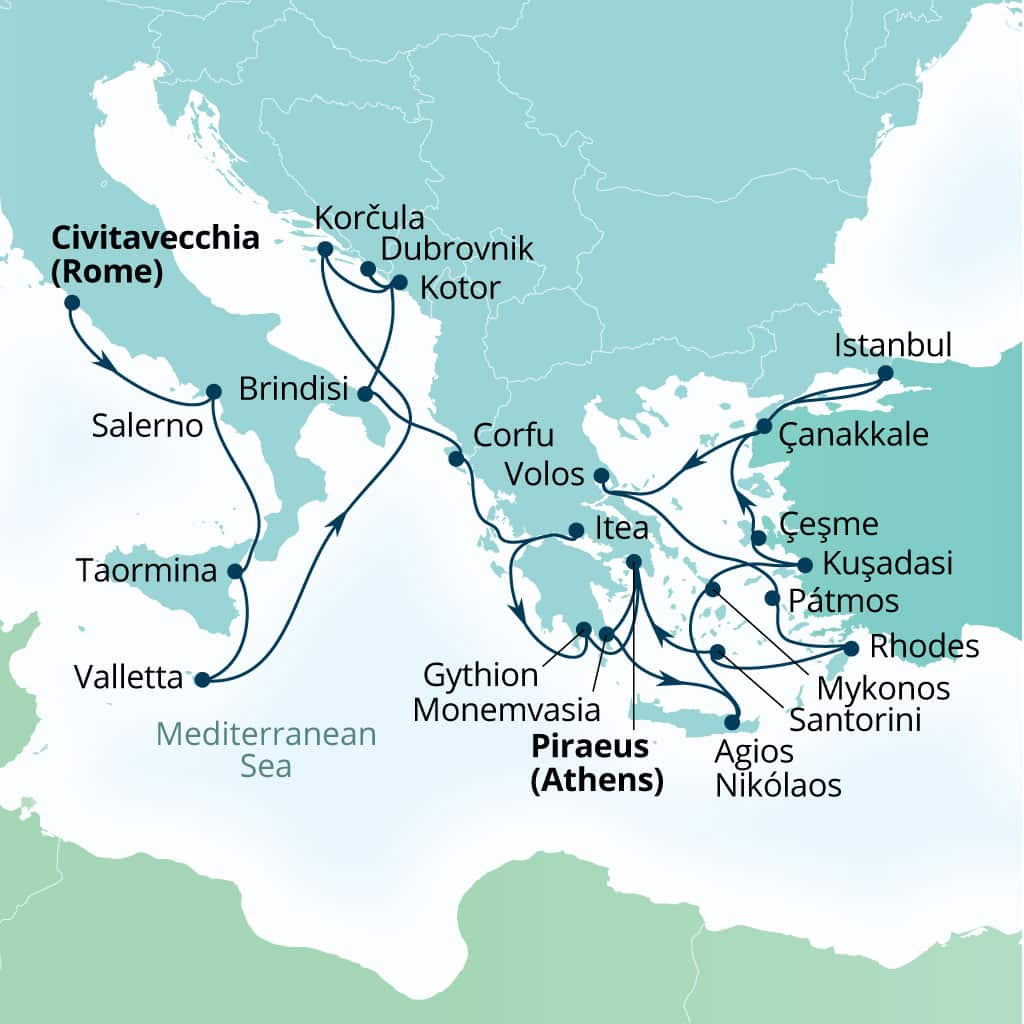 Carte de l’itinéraire Seabourn Ovation, Civitavecchia (Rome), Italie → Le Pirée (Athènes), Grèce