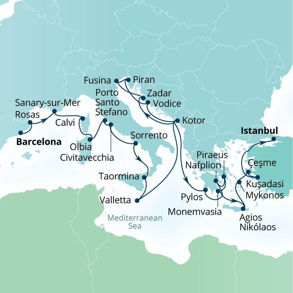 Carte de l’itinéraire Seabourn Ovation, Barcelone, Espagne → Istanbul, Turquie