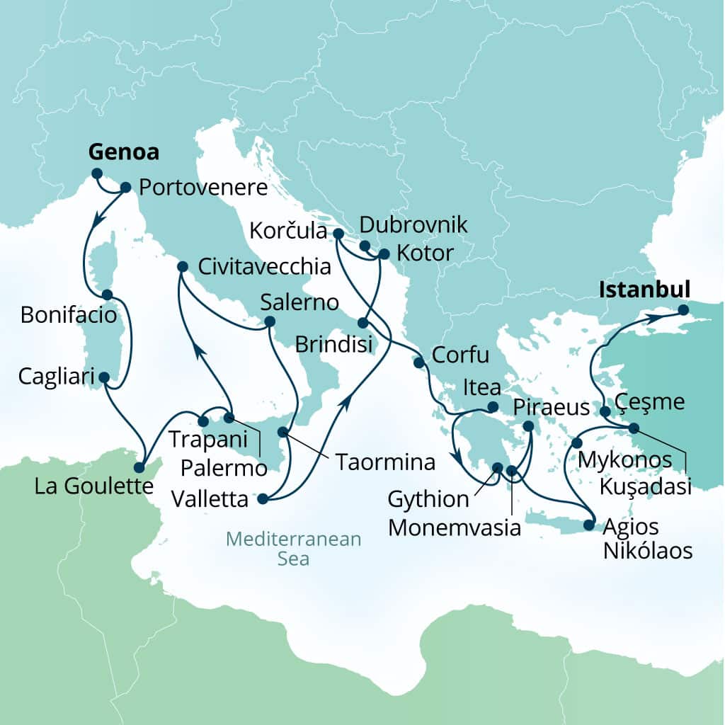 Carte de l’itinéraire Seabourn Ovation, Gênes, Italie → Istanbul, Turquie