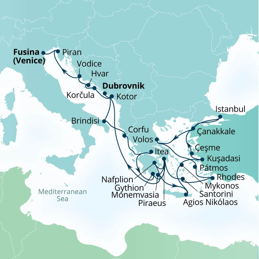 Carte de l’itinéraire Seabourn Ovation, Dubrovnik, Croatie → Fusina (Venise), Italie