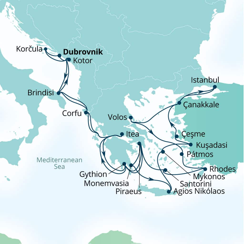Carte de l’itinéraire Seabourn Ovation, Dubrovnik, Croatie → Dubrovnik, Croatie
