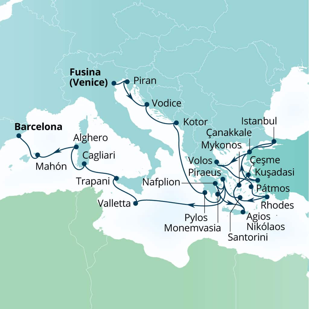 Carte de l’itinéraire Seabourn Ovation, Fusina (Venise), Italie → Barcelone, Espagne