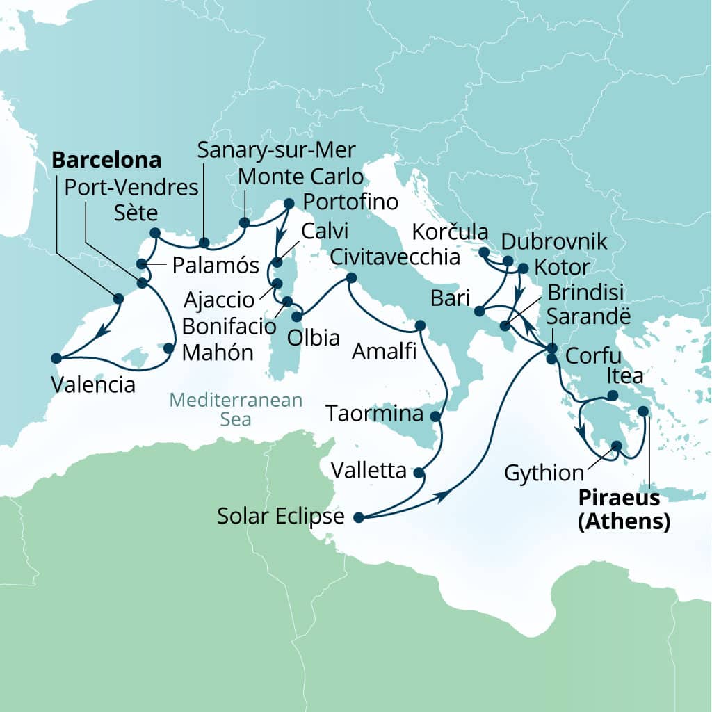 Carte de l’itinéraire Seabourn Ovation, Barcelone, Espagne → Le Pirée (Athènes), Grèce