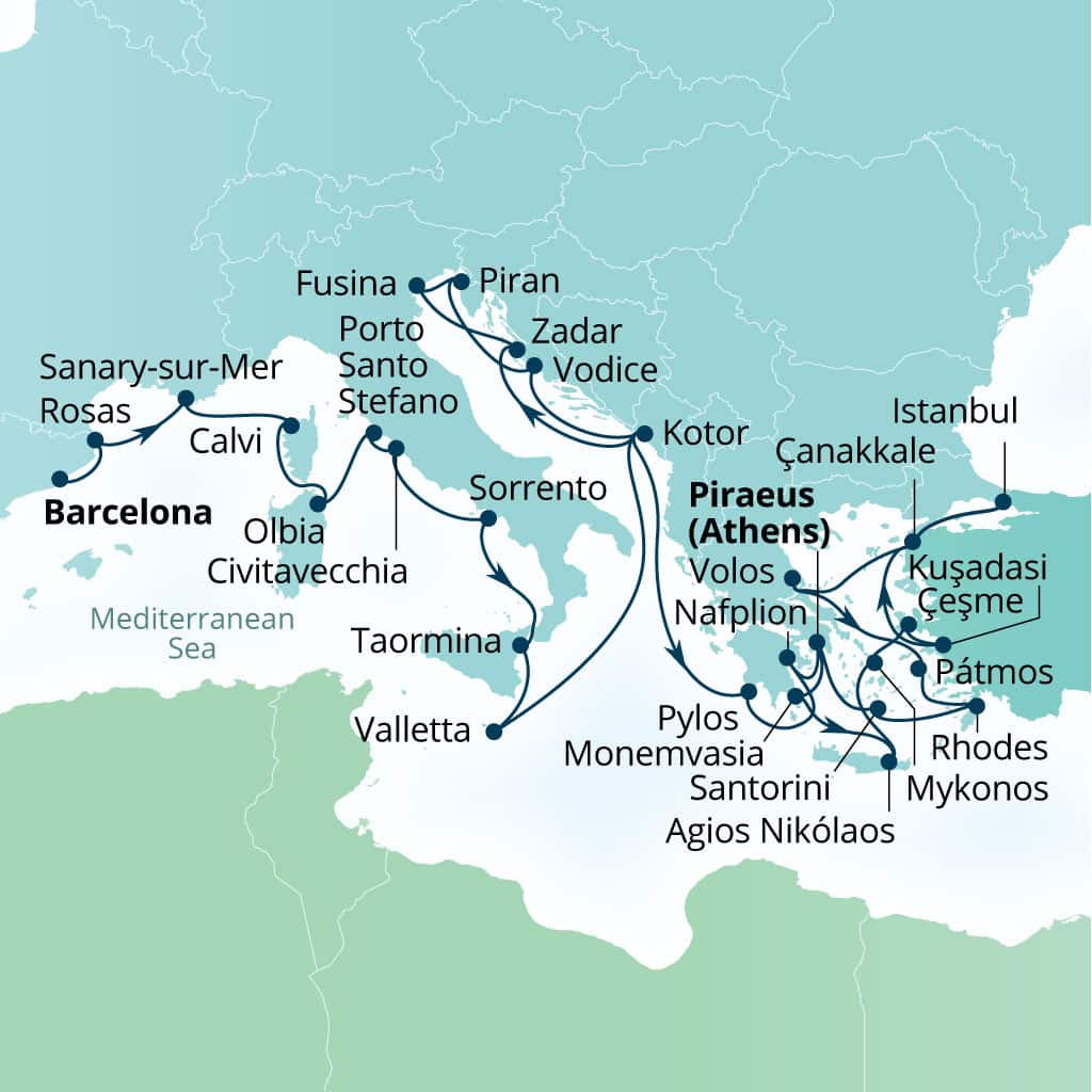 Carte de l’itinéraire Seabourn Ovation, Barcelone, Espagne → Le Pirée (Athènes), Grèce