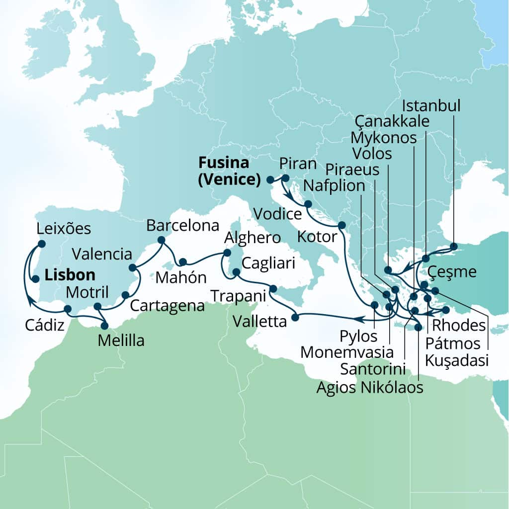 Carte de l’itinéraire Seabourn Ovation, Fusina (Venise), Italie → Lisbonne, Portugal