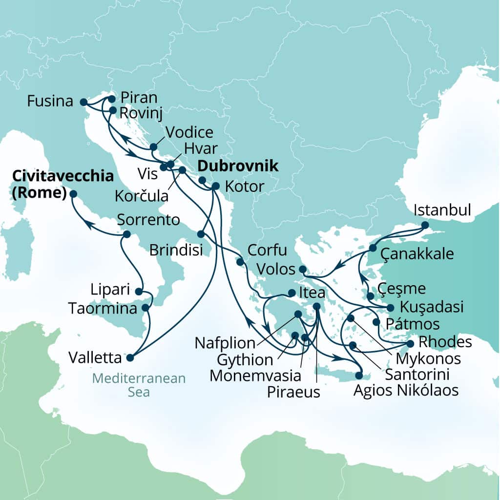 Carte de l’itinéraire Seabourn Ovation, Dubrovnik, Croatie → Civitavecchia (Rome), Italie