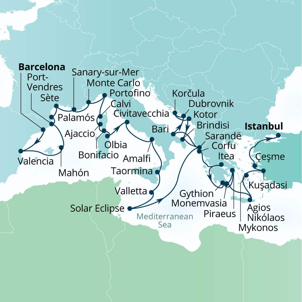 Carte de l’itinéraire Seabourn Ovation, Barcelone, Espagne → Istanbul, Turquie