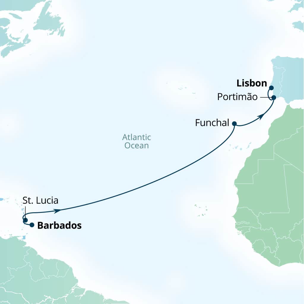 Carte de l’itinéraire Seabourn Ovation, Bridgetown, Barbados → Lisbonne, Portugal