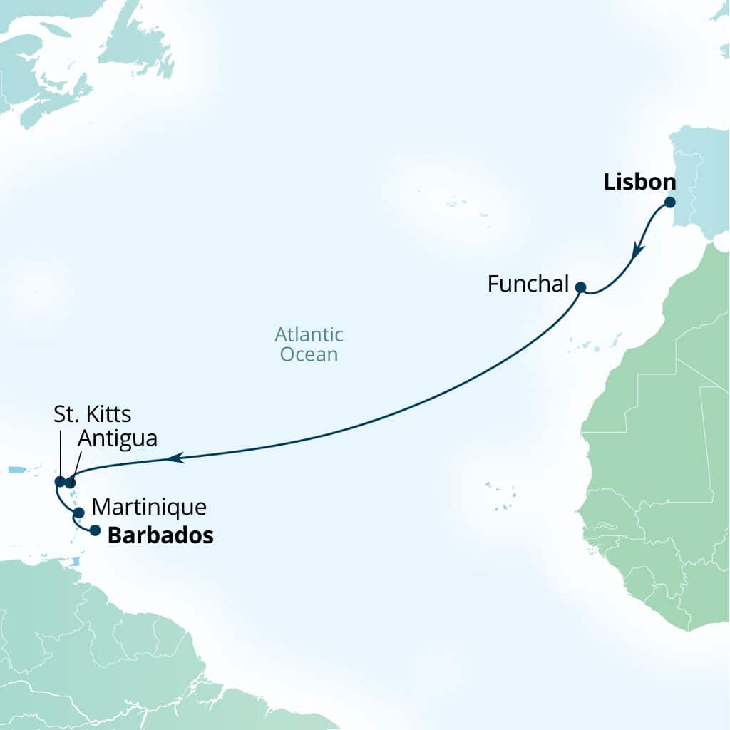 Carte de l’itinéraire Seabourn Ovation, Lisbonne, Portugal → Bridgetown, Barbados