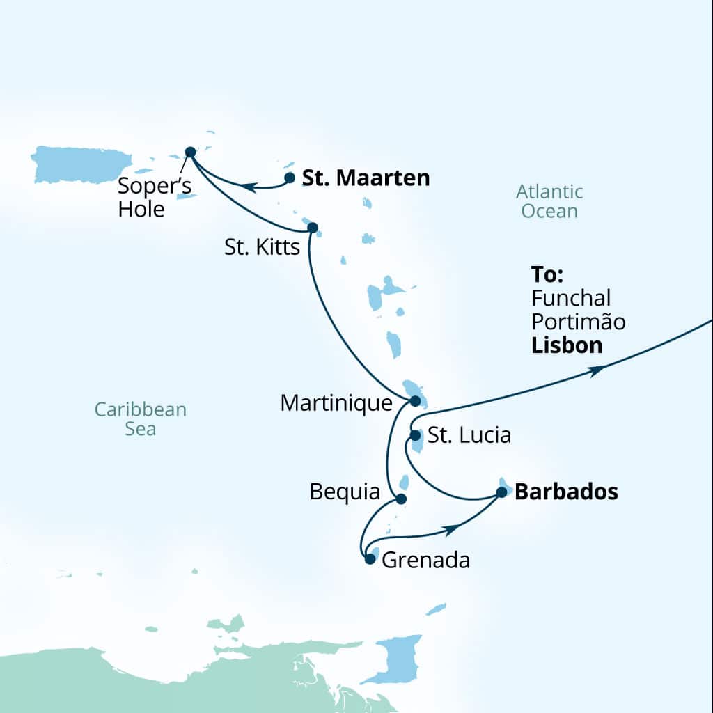 Carte de l’itinéraire Seabourn Ovation, Philipsburg, Sint Maarten → Lisbonne, Portugal