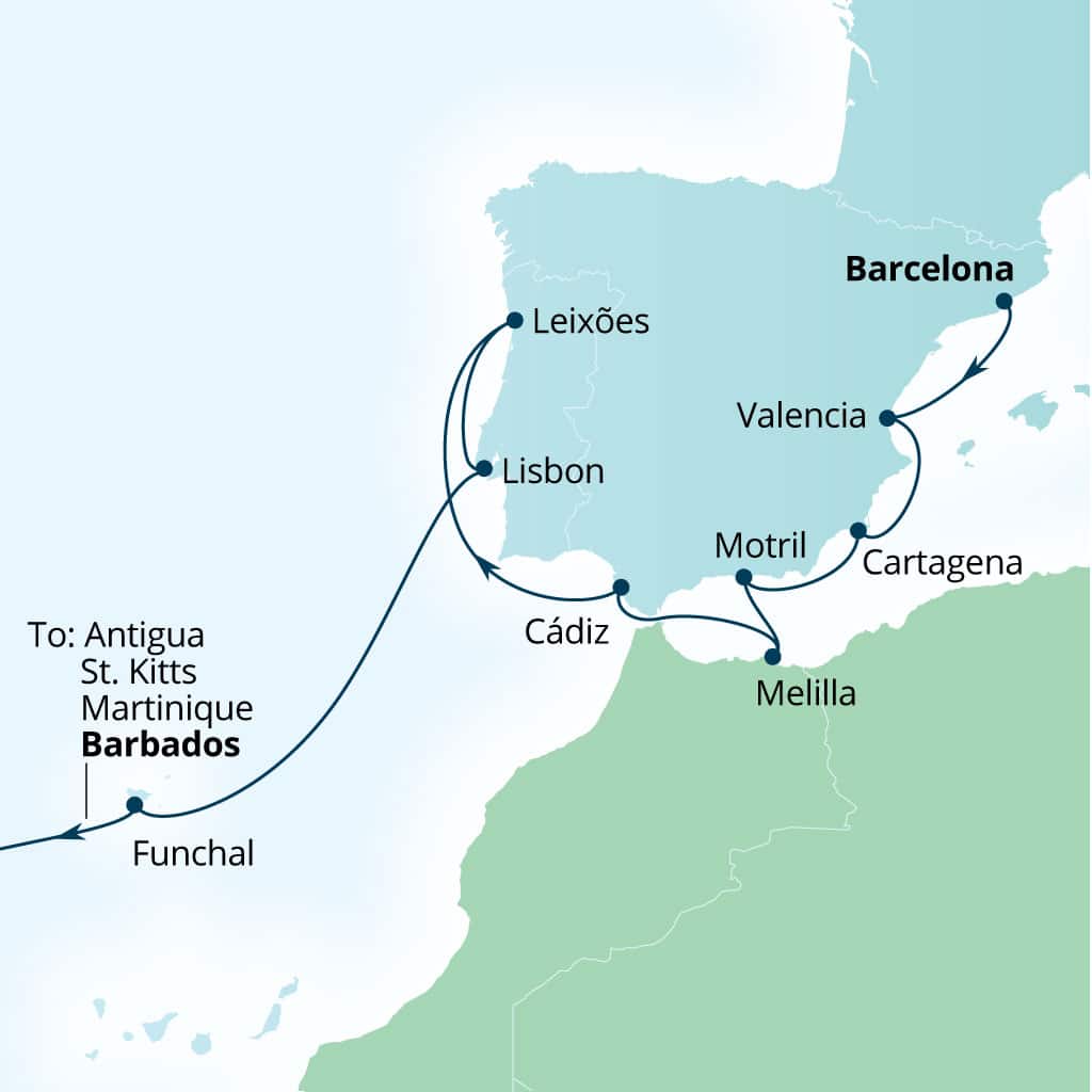 Carte de l’itinéraire Seabourn Ovation, Barcelone, Espagne → Bridgetown, Barbados