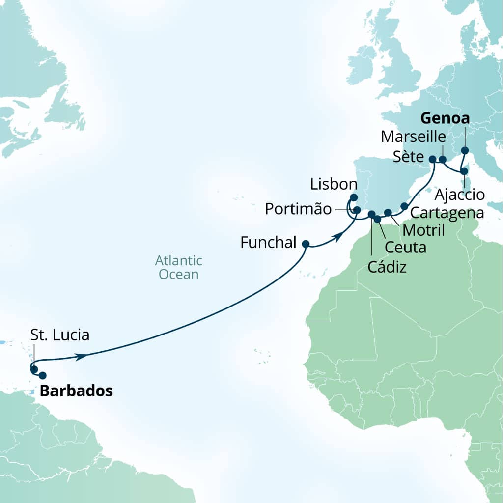 Carte de l’itinéraire Seabourn Ovation, Bridgetown, Barbados → Gênes, Italie
