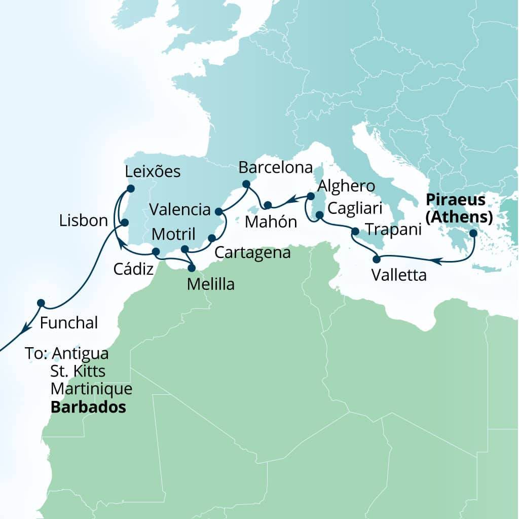 Carte de l’itinéraire Seabourn Ovation, Le Pirée (Athènes), Grèce → Bridgetown, Barbados