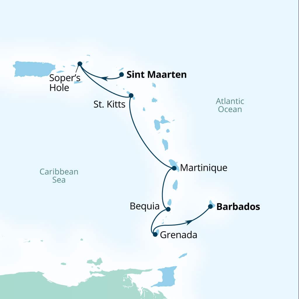 Carte de l’itinéraire Seabourn Ovation, Philipsburg, Sint Maarten → Bridgetown, Barbados