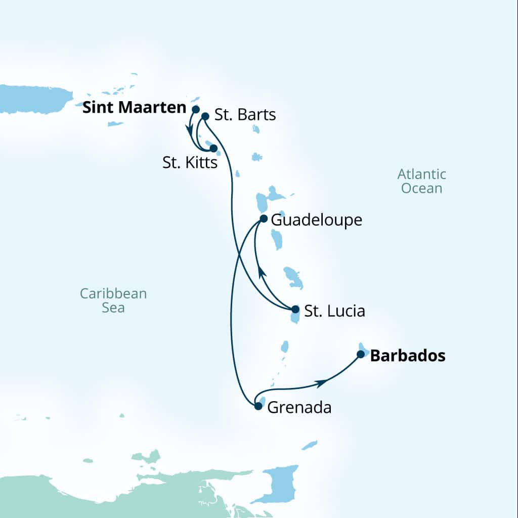 Carte de l’itinéraire Seabourn Ovation, Philipsburg, Sint Maarten → Bridgetown, Barbados