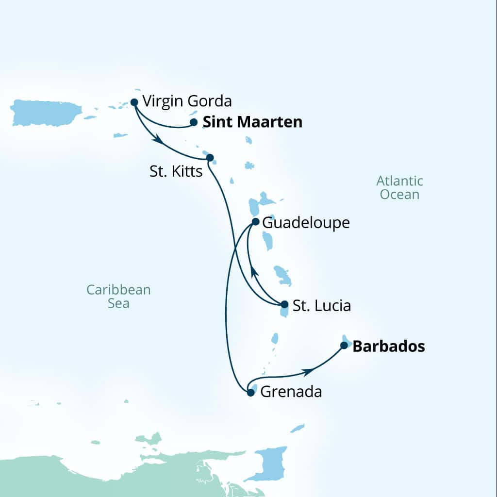 Carte de l’itinéraire Seabourn Ovation, Philipsburg, Sint Maarten → Bridgetown, Barbados