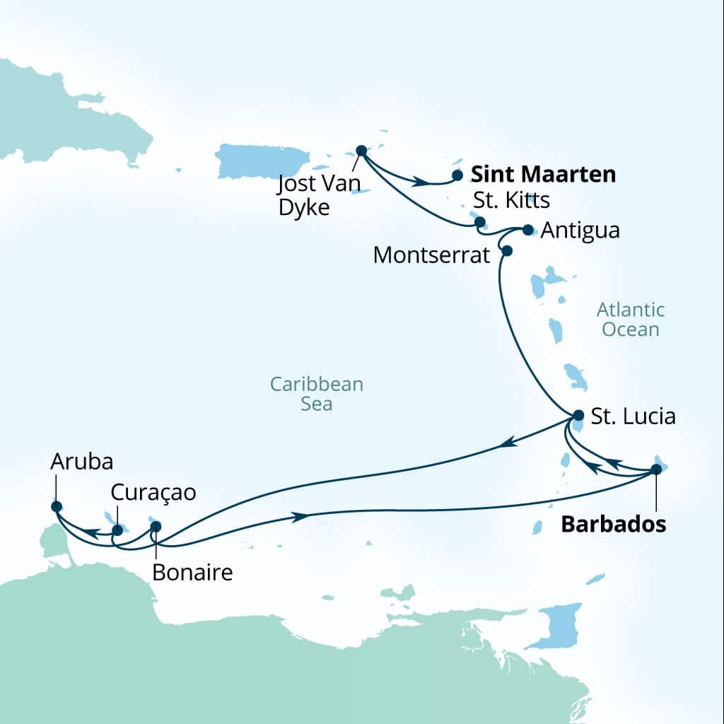 Carte de l’itinéraire Seabourn Ovation, Bridgetown, Barbados → Philipsburg, Sint Maarten