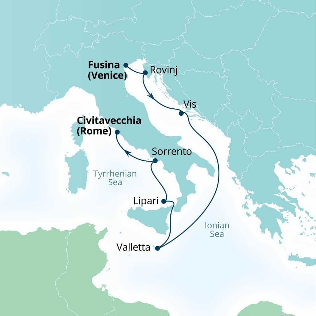 Carte de l’itinéraire Seabourn Ovation, Fusina (Venise), Italie → Civitavecchia (Rome), Italie