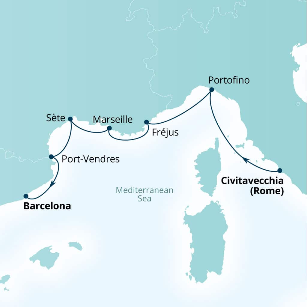 Carte de l’itinéraire Seabourn Ovation, Civitavecchia (Rome), Italie → Barcelone, Espagne