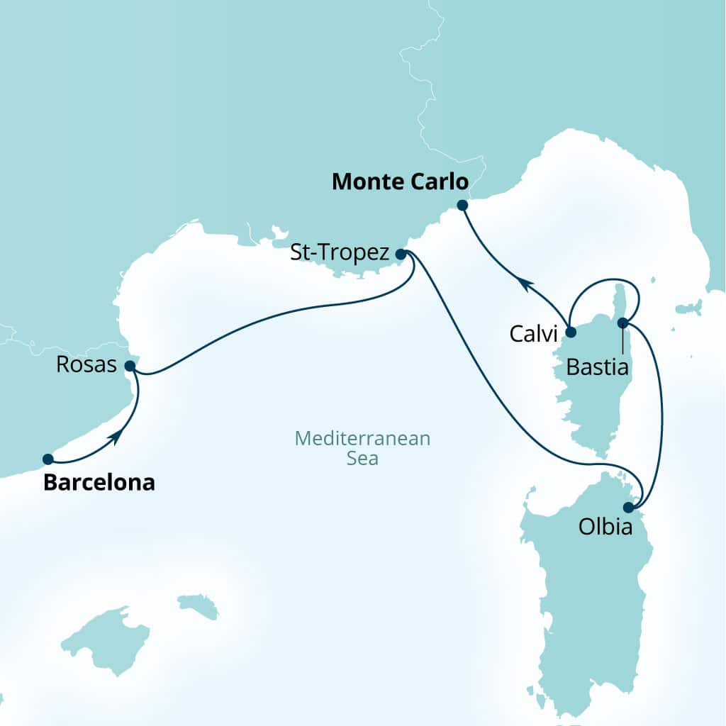 Carte de l’itinéraire Seabourn Ovation, Barcelone, Espagne → Monte Carlo, Monaco