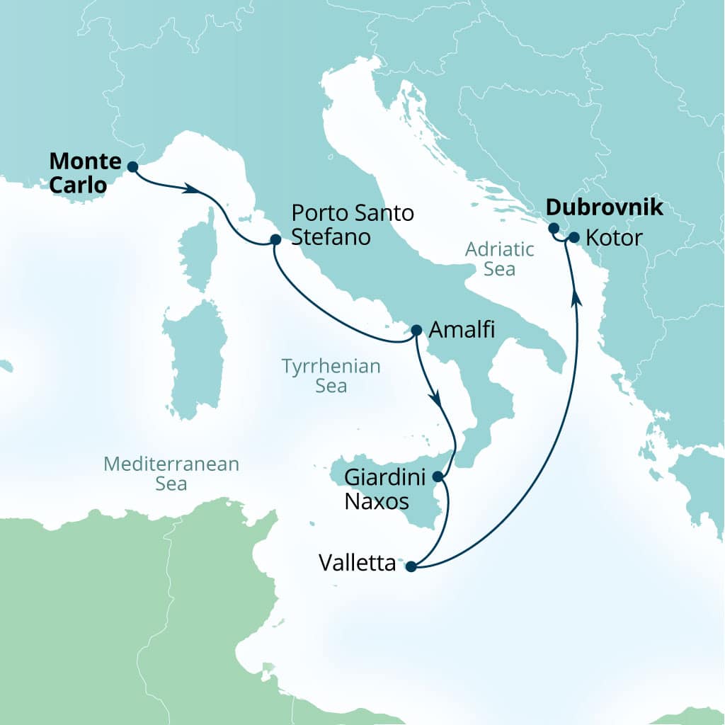 Carte de l’itinéraire Seabourn Ovation, Monte Carlo, Monaco → Dubrovnik, Croatie