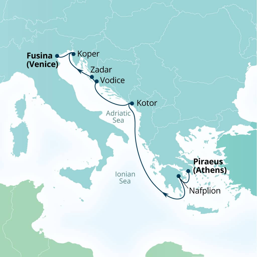 Carte de l’itinéraire Seabourn Ovation, Le Pirée (Athènes), Grèce → Fusina (Venise), Italie