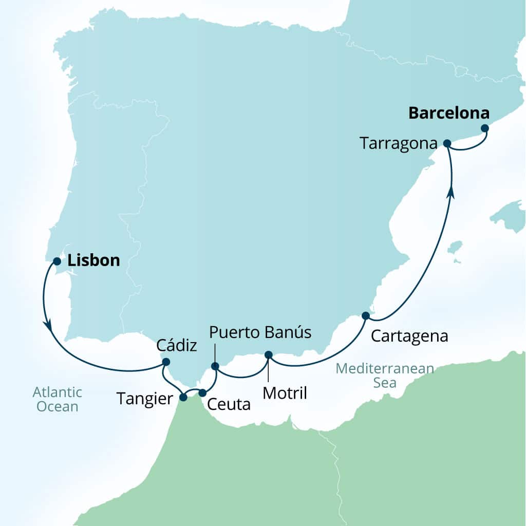 Carte de l’itinéraire Seabourn Ovation, Lisbonne, Portugal → Barcelone, Espagne
