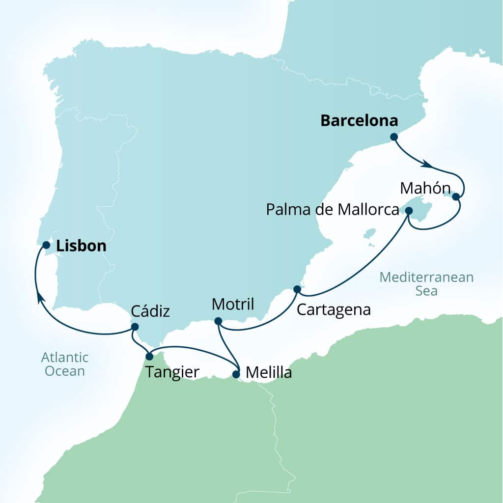 Carte de l’itinéraire Seabourn Ovation, Barcelone, Espagne → Lisbonne, Portugal