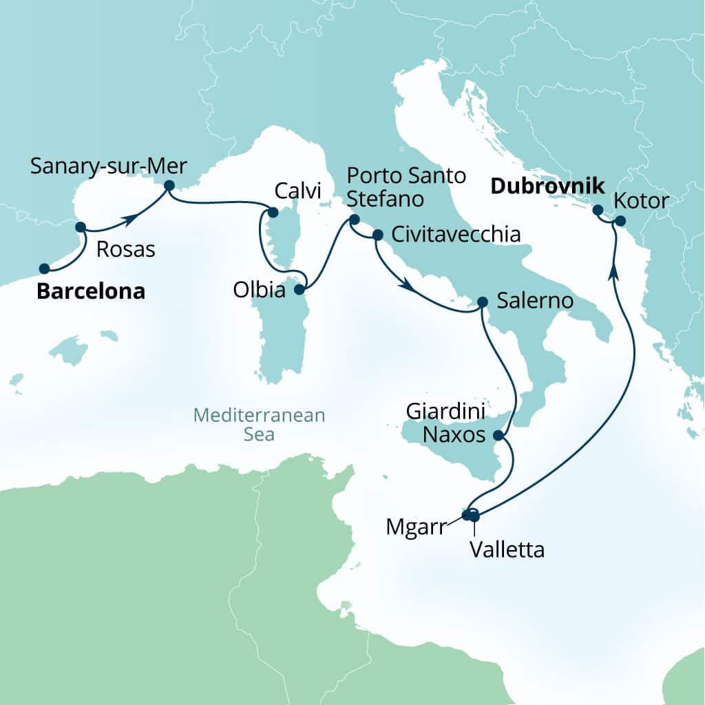 Carte de l’itinéraire Seabourn Ovation, Barcelone, Espagne → Dubrovnik, Croatie