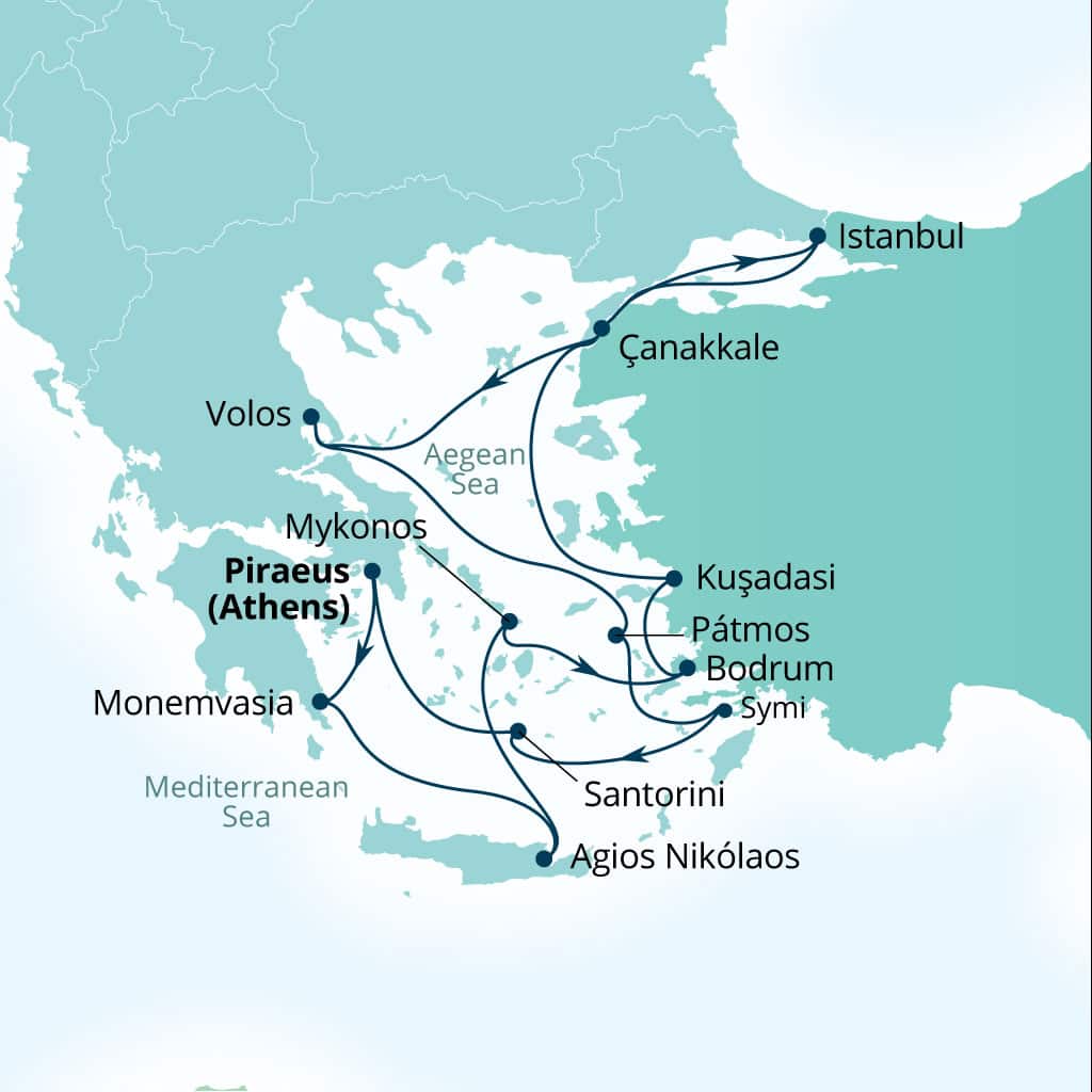 Carte de l’itinéraire Seabourn Ovation, Le Pirée (Athènes), Grèce → Le Pirée (Athènes), Grèce
