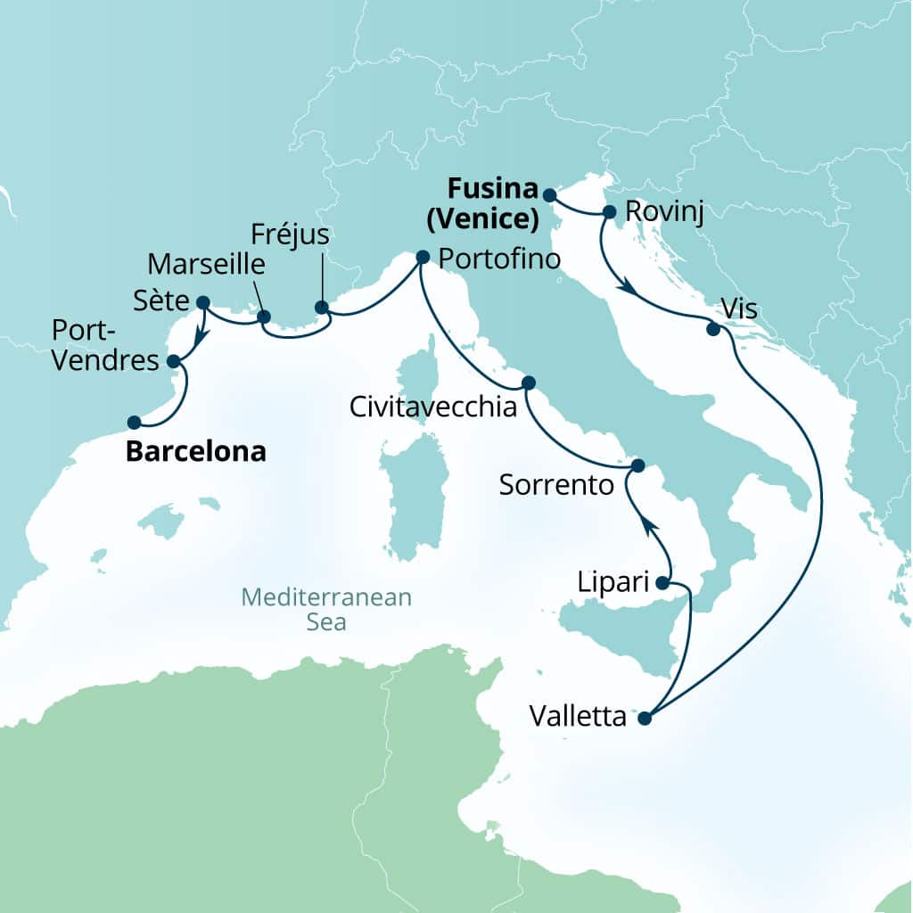 Carte de l’itinéraire Seabourn Ovation, Fusina (Venise), Italie → Barcelone, Espagne