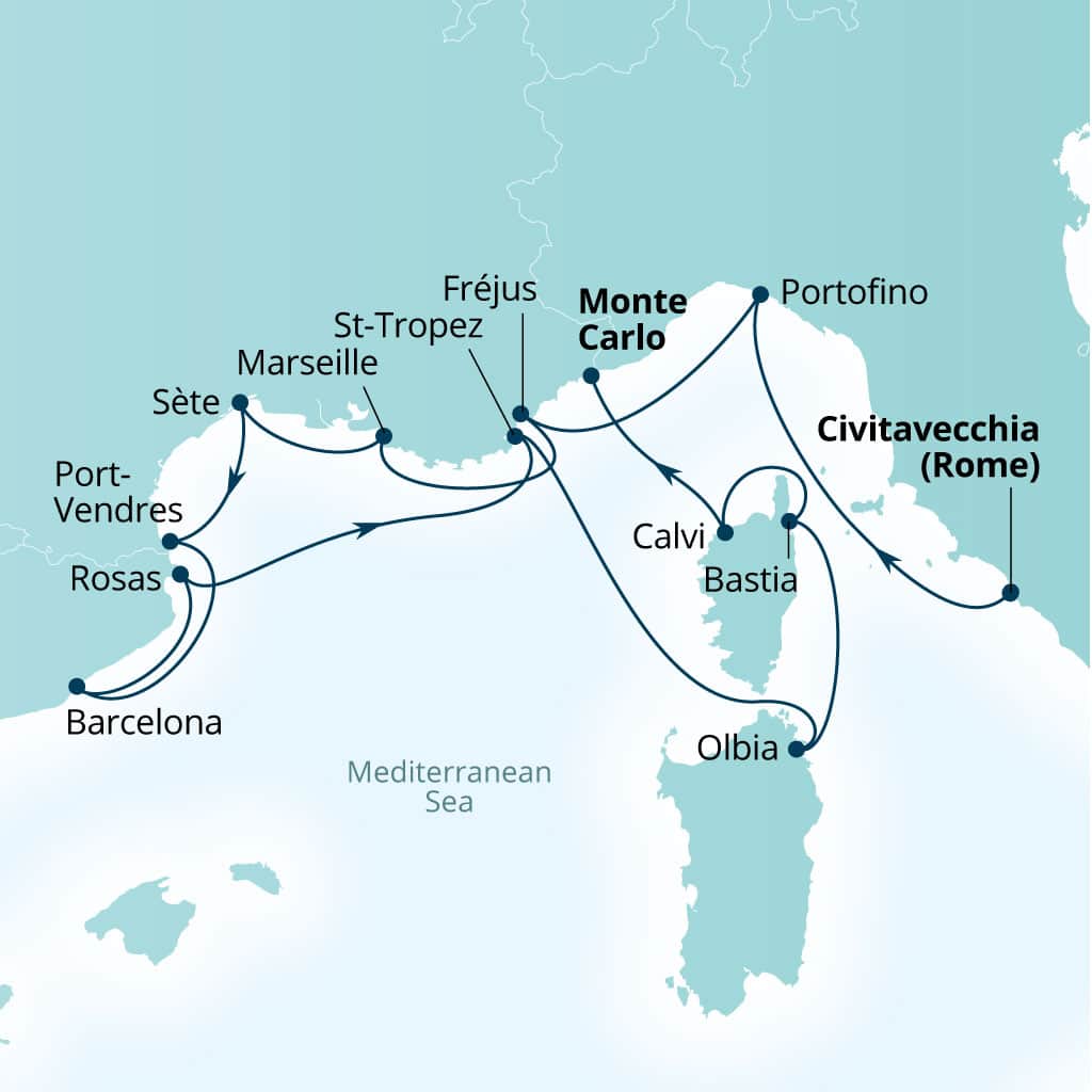 Carte de l’itinéraire Seabourn Ovation, Civitavecchia (Rome), Italie → Monte Carlo, Monaco
