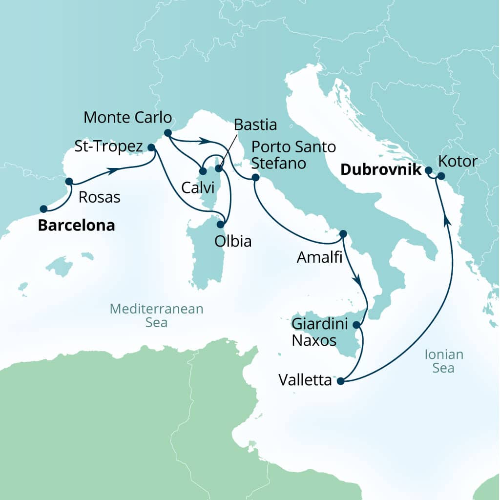 Carte de l’itinéraire Seabourn Ovation, Barcelone, Espagne → Dubrovnik, Croatie