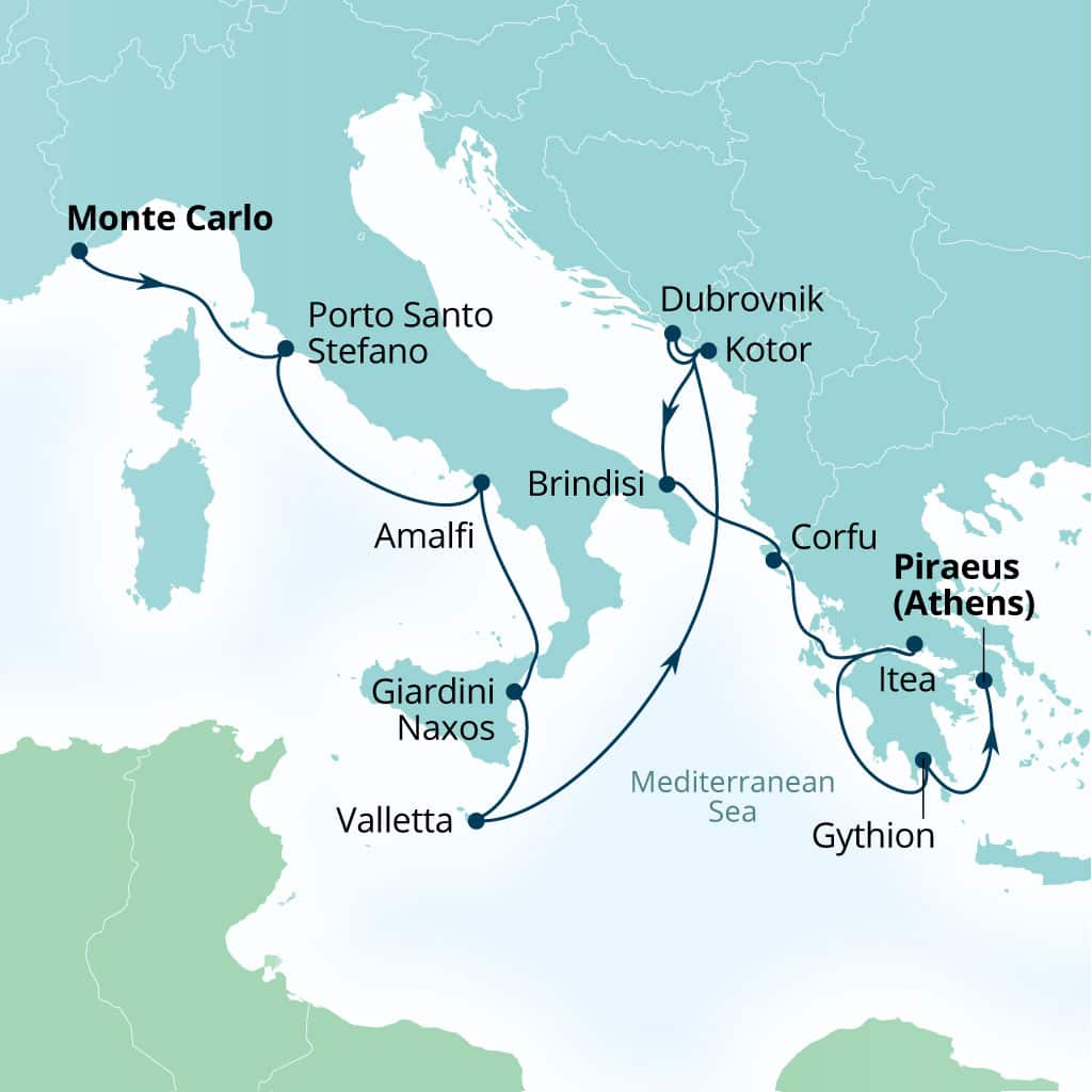 Carte de l’itinéraire Seabourn Ovation, Monte Carlo, Monaco → Le Pirée (Athènes), Grèce