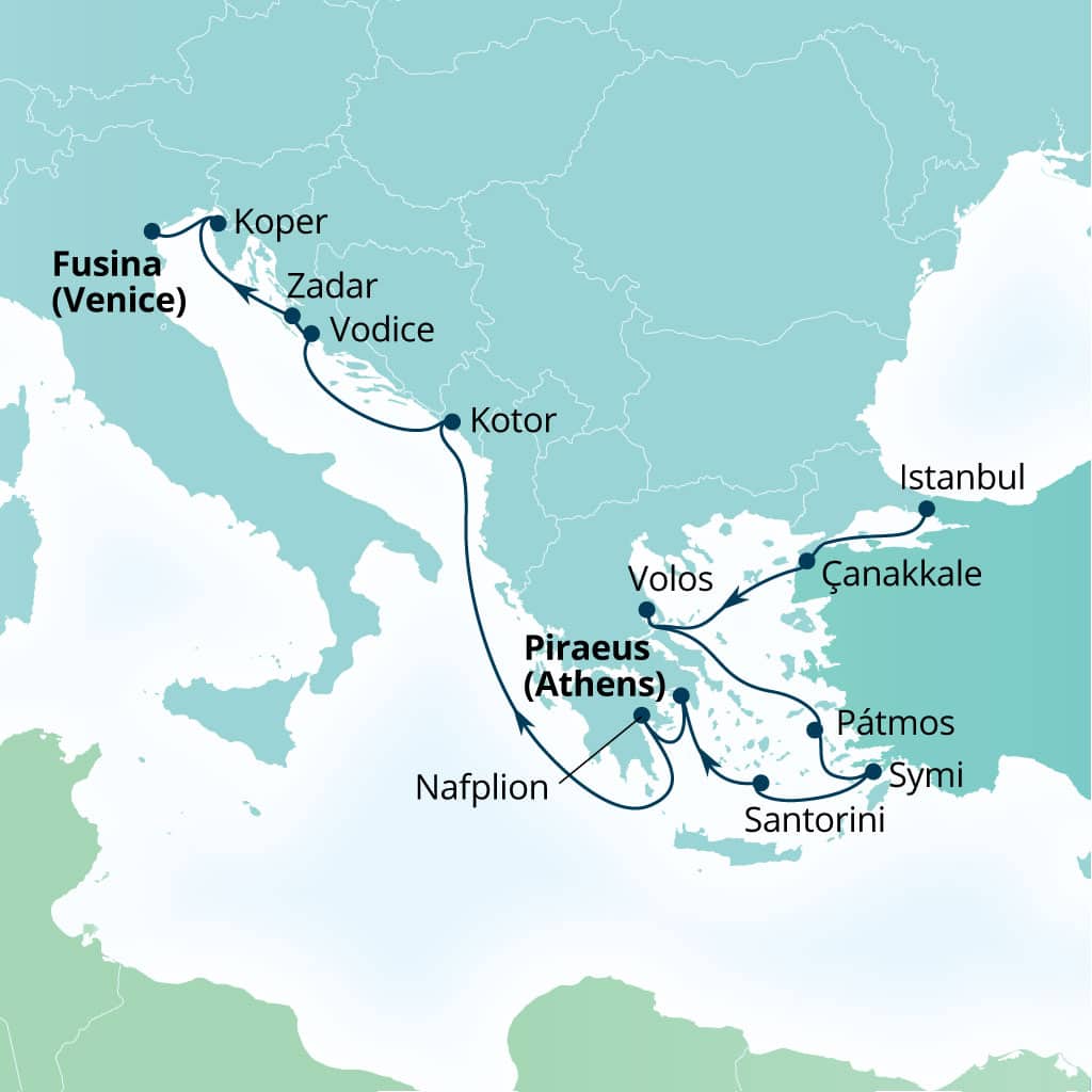 Carte de l’itinéraire Seabourn Ovation, Istanbul, Turquie → Fusina (Venise), Italie