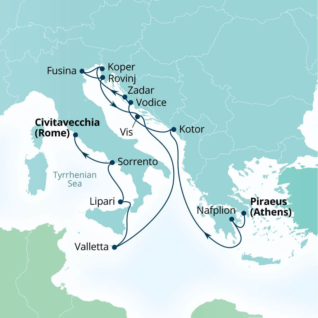 Carte de l’itinéraire Seabourn Ovation, Le Pirée (Athènes), Grèce → Civitavecchia (Rome), Italie