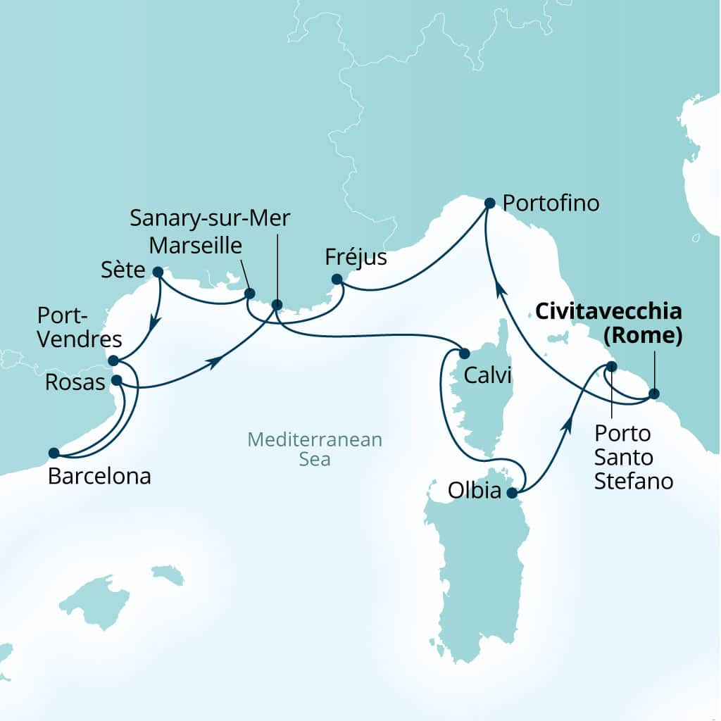 Carte de l’itinéraire Seabourn Ovation, Civitavecchia (Rome), Italie → Civitavecchia (Rome), Italie