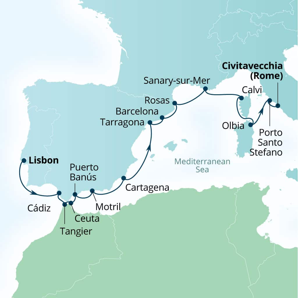 Carte de l’itinéraire Seabourn Ovation, Lisbonne, Portugal → Civitavecchia (Rome), Italie