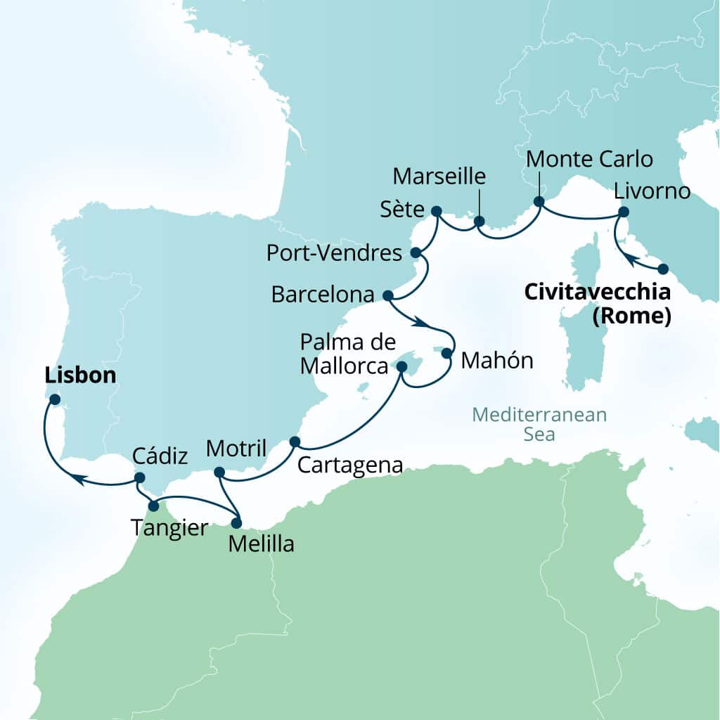 Carte de l’itinéraire Seabourn Ovation, Civitavecchia (Rome), Italie → Lisbonne, Portugal