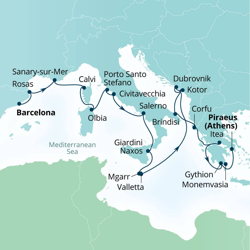 Carte de l’itinéraire Seabourn Ovation, Barcelone, Espagne → Le Pirée (Athènes), Grèce