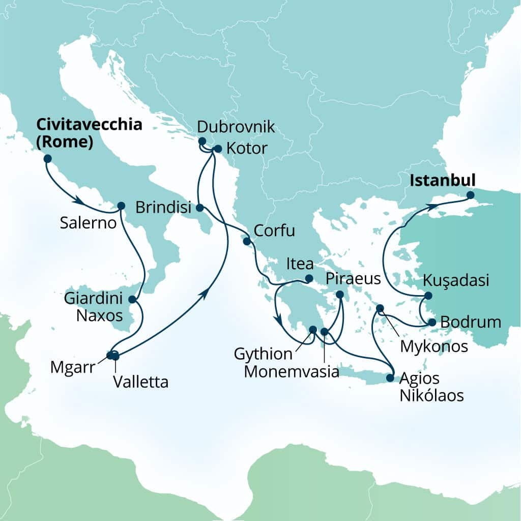 Carte de l’itinéraire Seabourn Ovation, Civitavecchia (Rome), Italie → Istanbul, Turquie