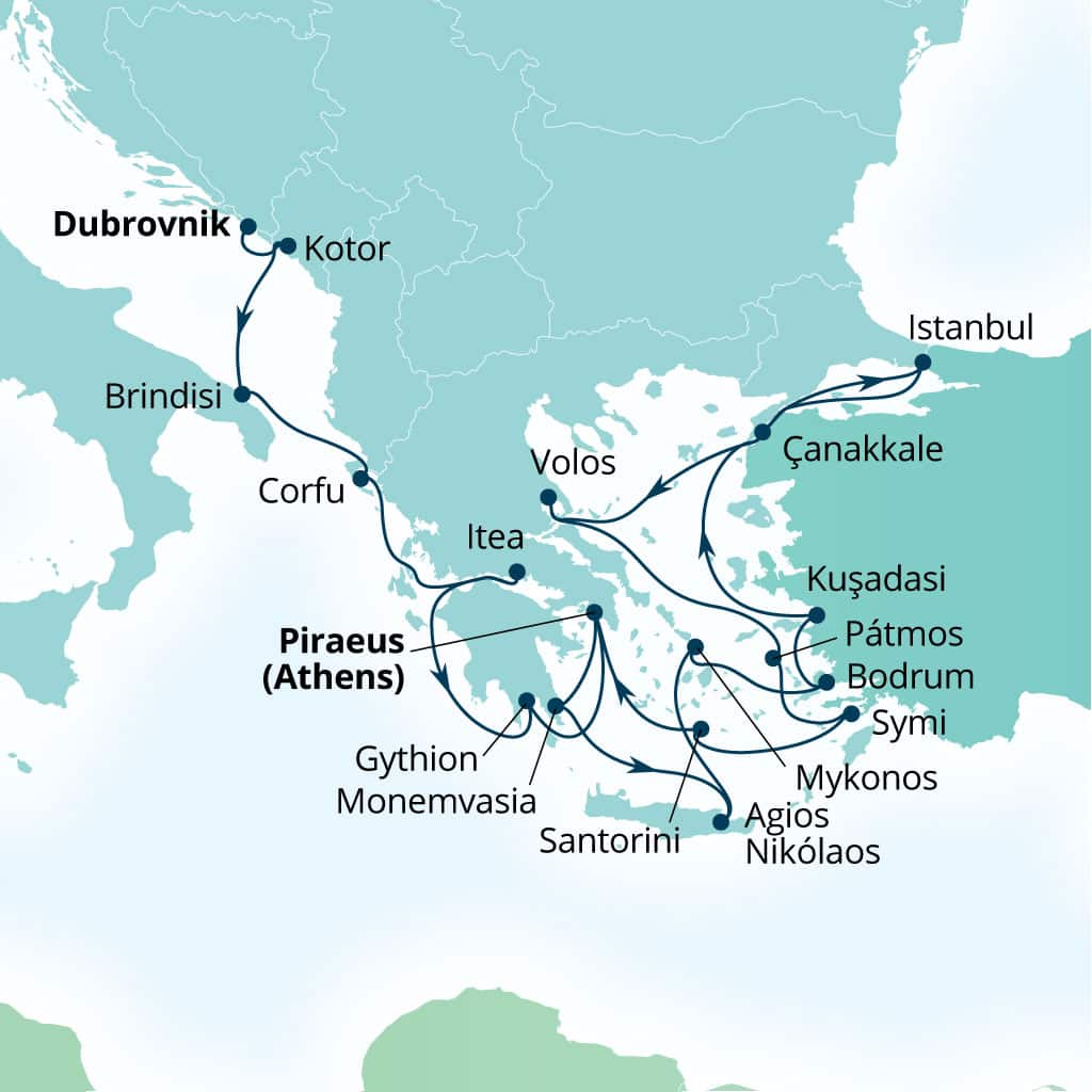 Carte de l’itinéraire Seabourn Ovation, Dubrovnik, Croatie → Le Pirée (Athènes), Grèce