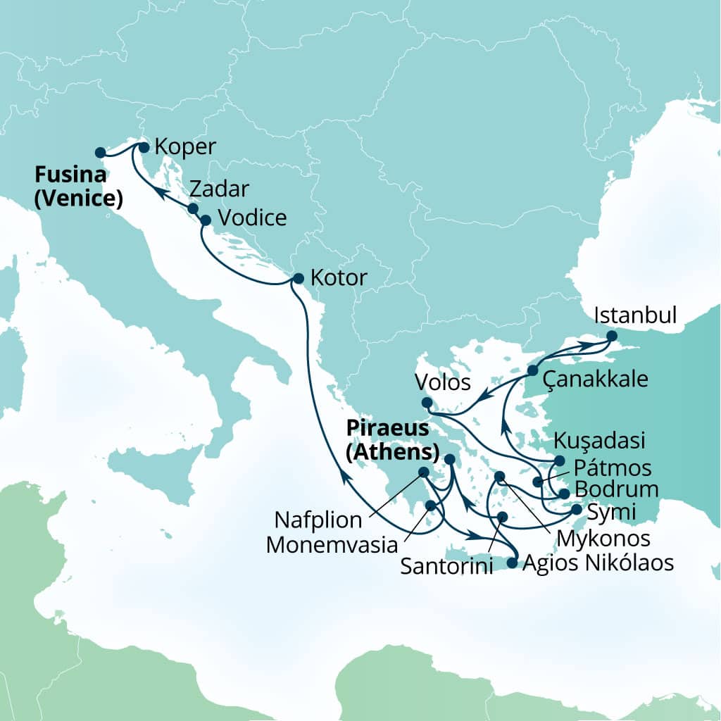 Carte de l’itinéraire Seabourn Ovation, Le Pirée (Athènes), Grèce → Fusina (Venise), Italie