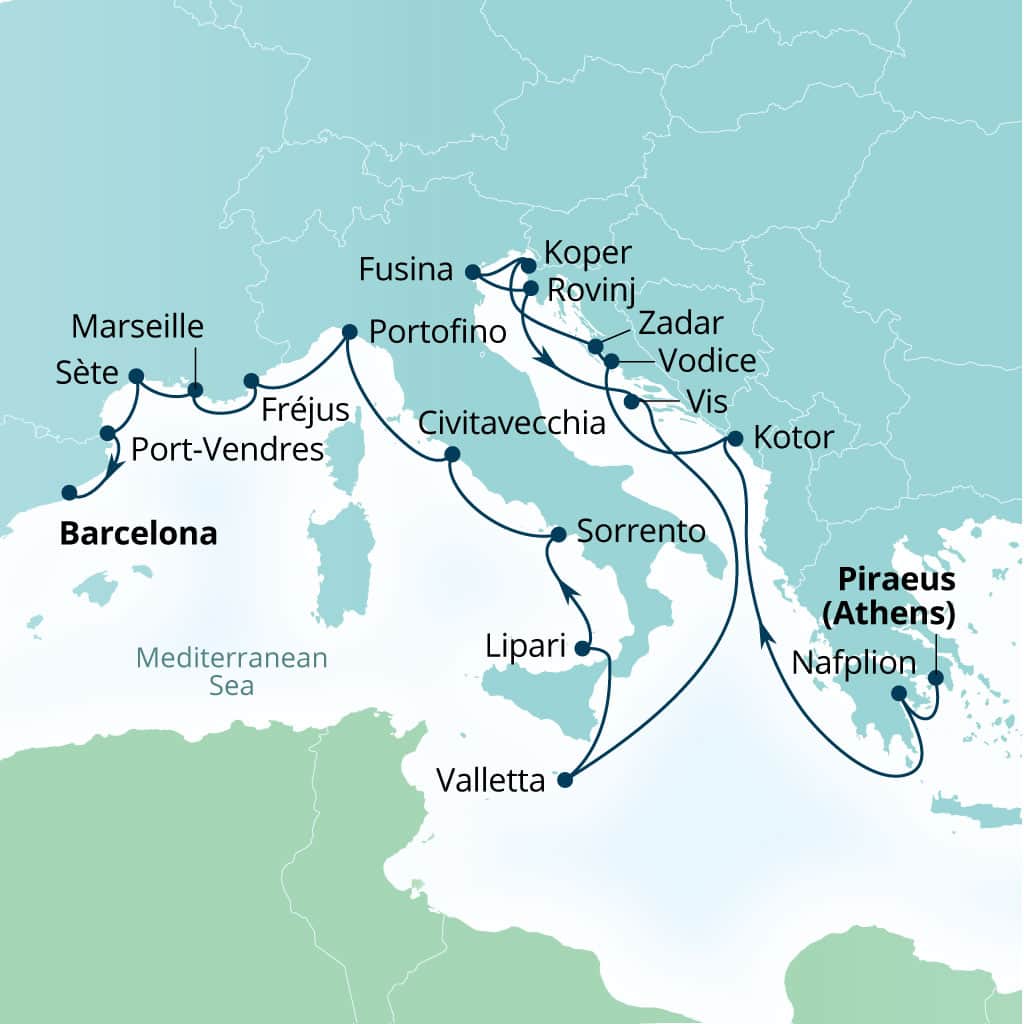 Carte de l’itinéraire Seabourn Ovation, Le Pirée (Athènes), Grèce → Barcelone, Espagne
