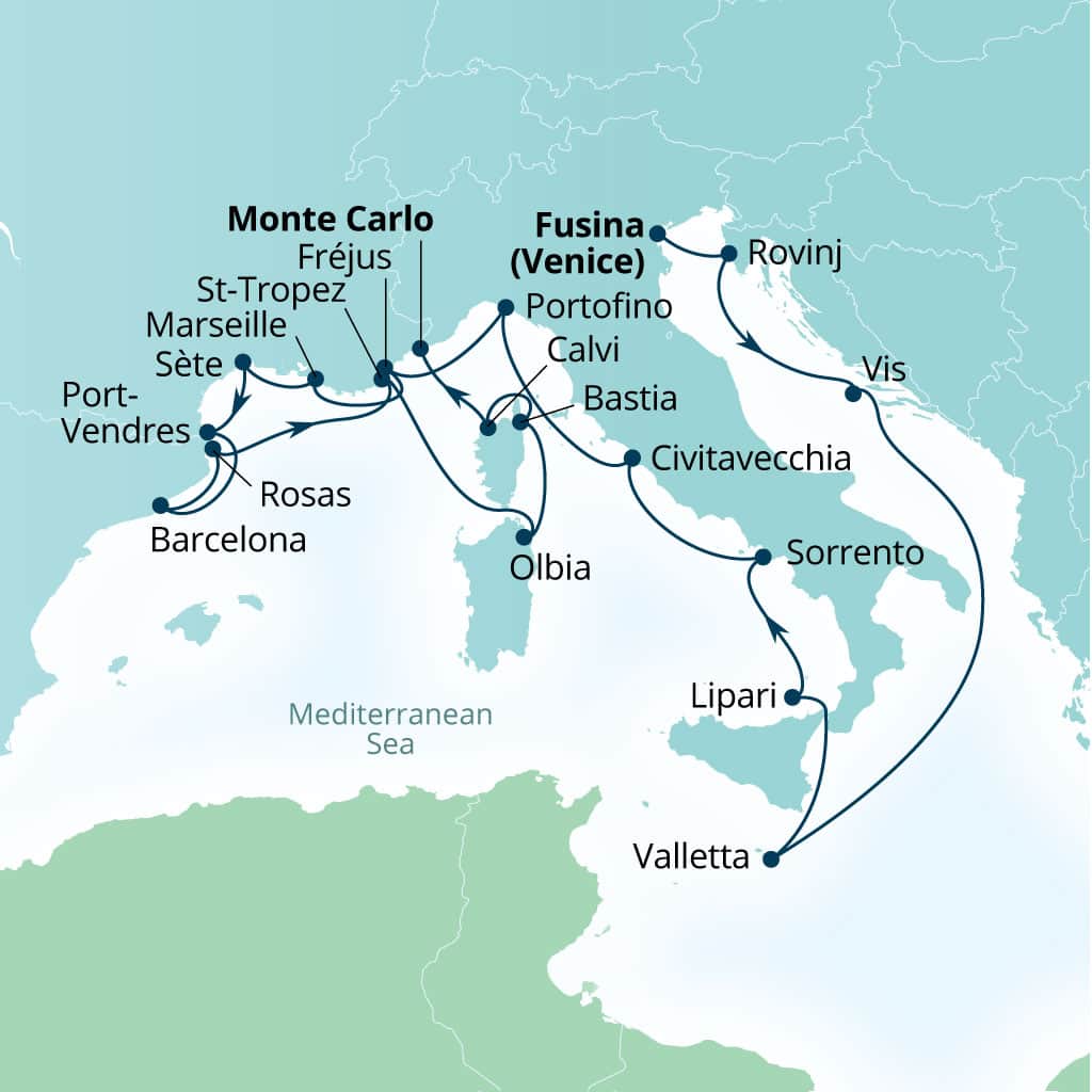 Carte de l’itinéraire Seabourn Ovation, Fusina (Venise), Italie → Monte Carlo, Monaco