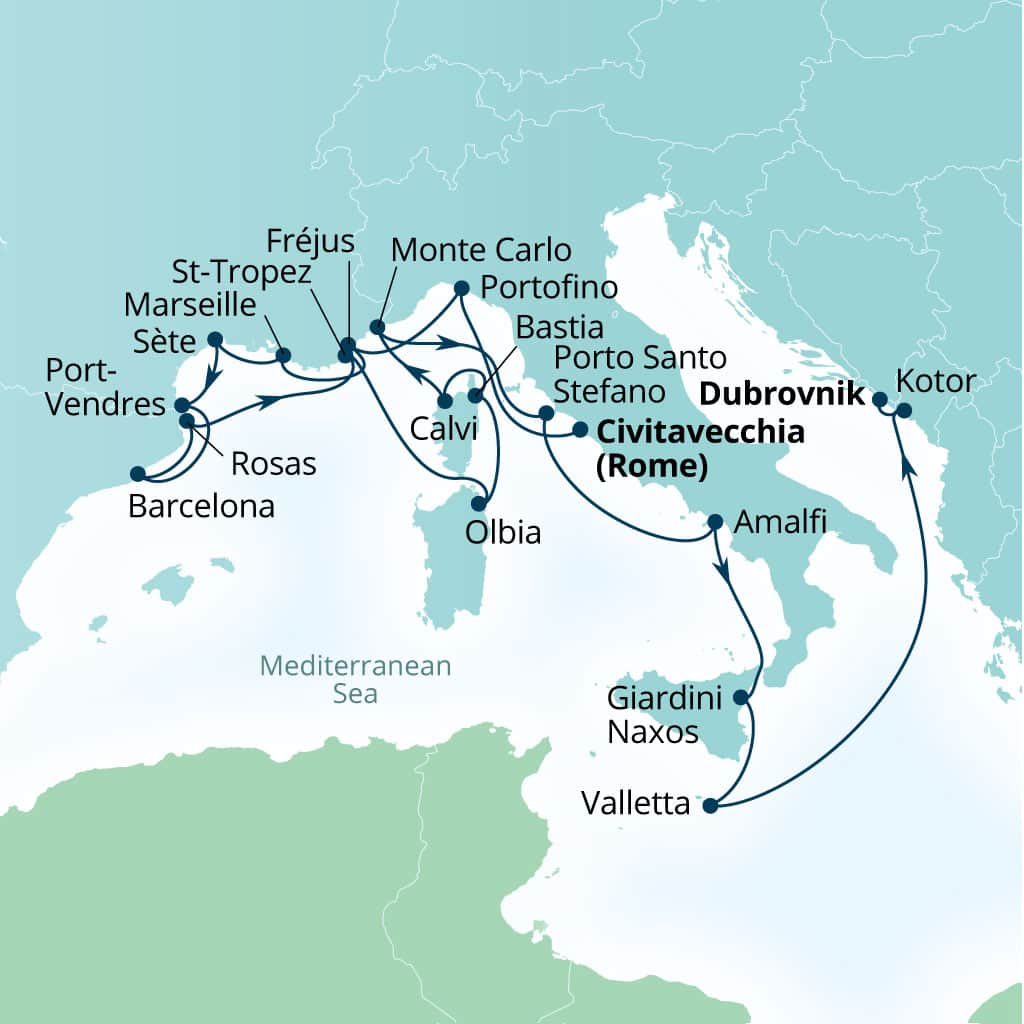 Carte de l’itinéraire Seabourn Ovation, Civitavecchia (Rome), Italie → Dubrovnik, Croatie
