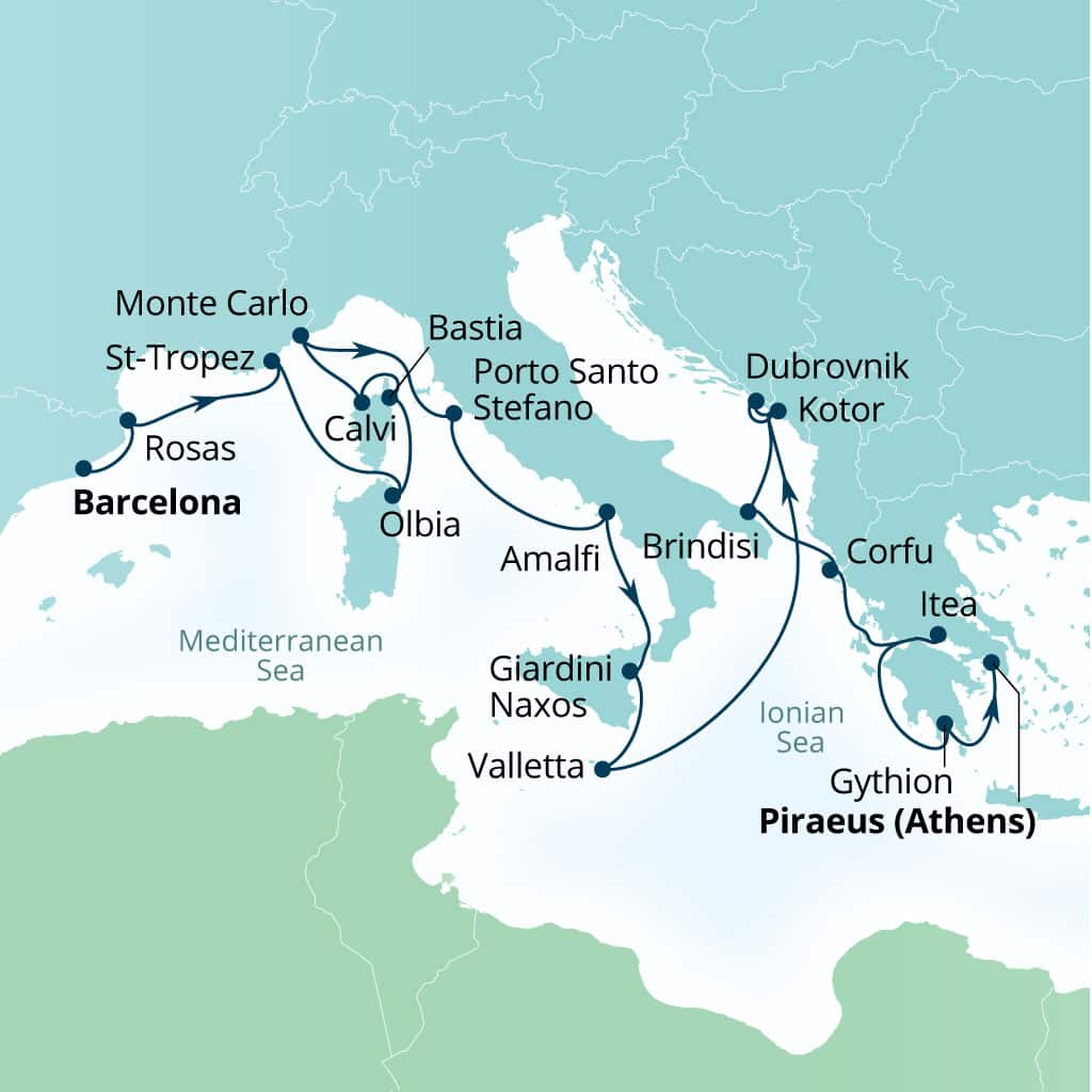 Carte de l’itinéraire Seabourn Ovation, Barcelone, Espagne → Le Pirée (Athènes), Grèce