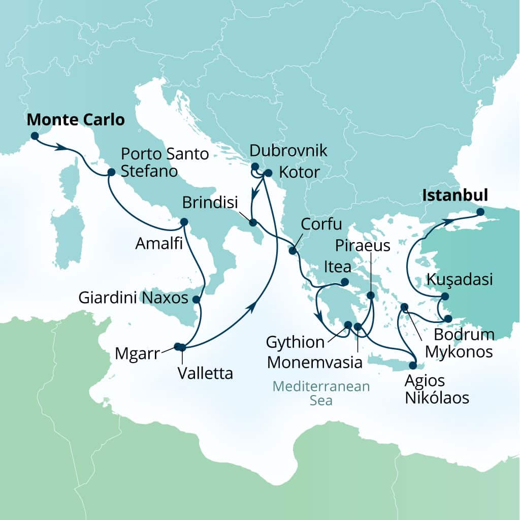 Carte de l’itinéraire Seabourn Ovation, Monte Carlo, Monaco → Istanbul, Turquie