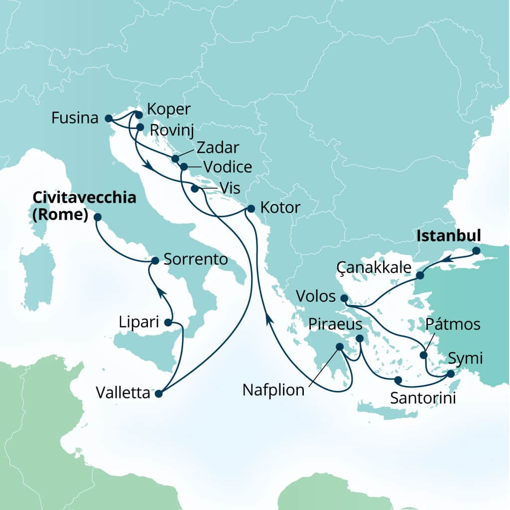 Carte de l’itinéraire Seabourn Ovation, Istanbul, Turquie → Civitavecchia (Rome), Italie