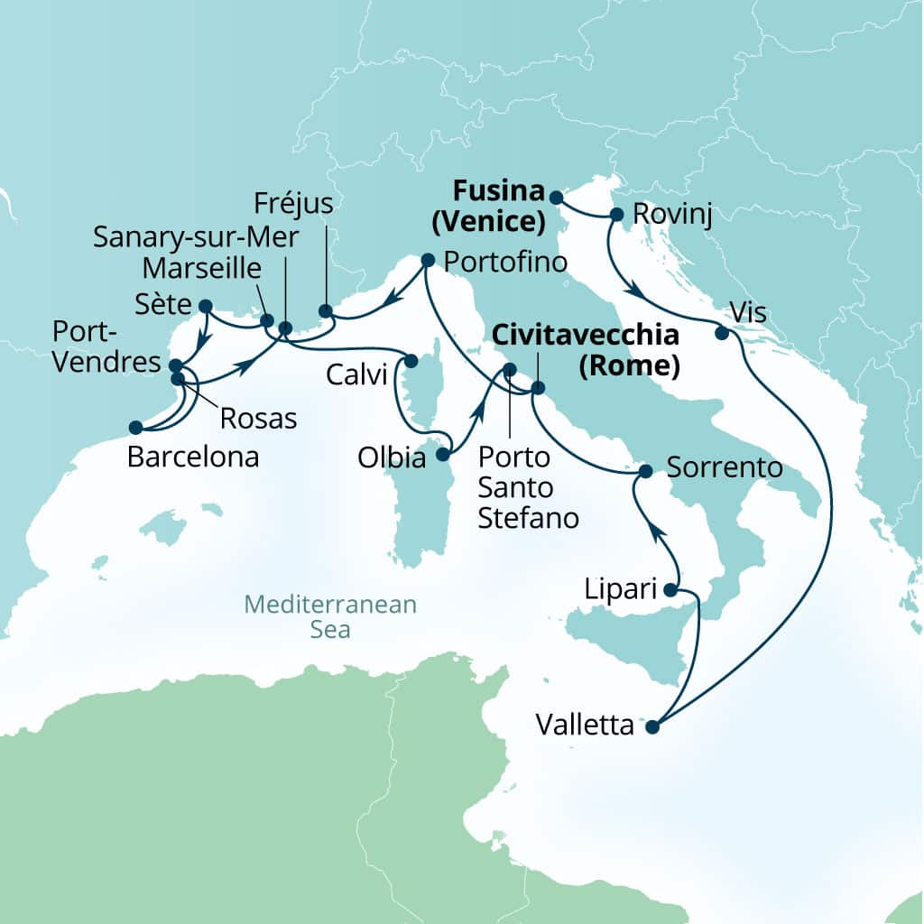 Carte de l’itinéraire Seabourn Ovation, Fusina (Venise), Italie → Civitavecchia (Rome), Italie